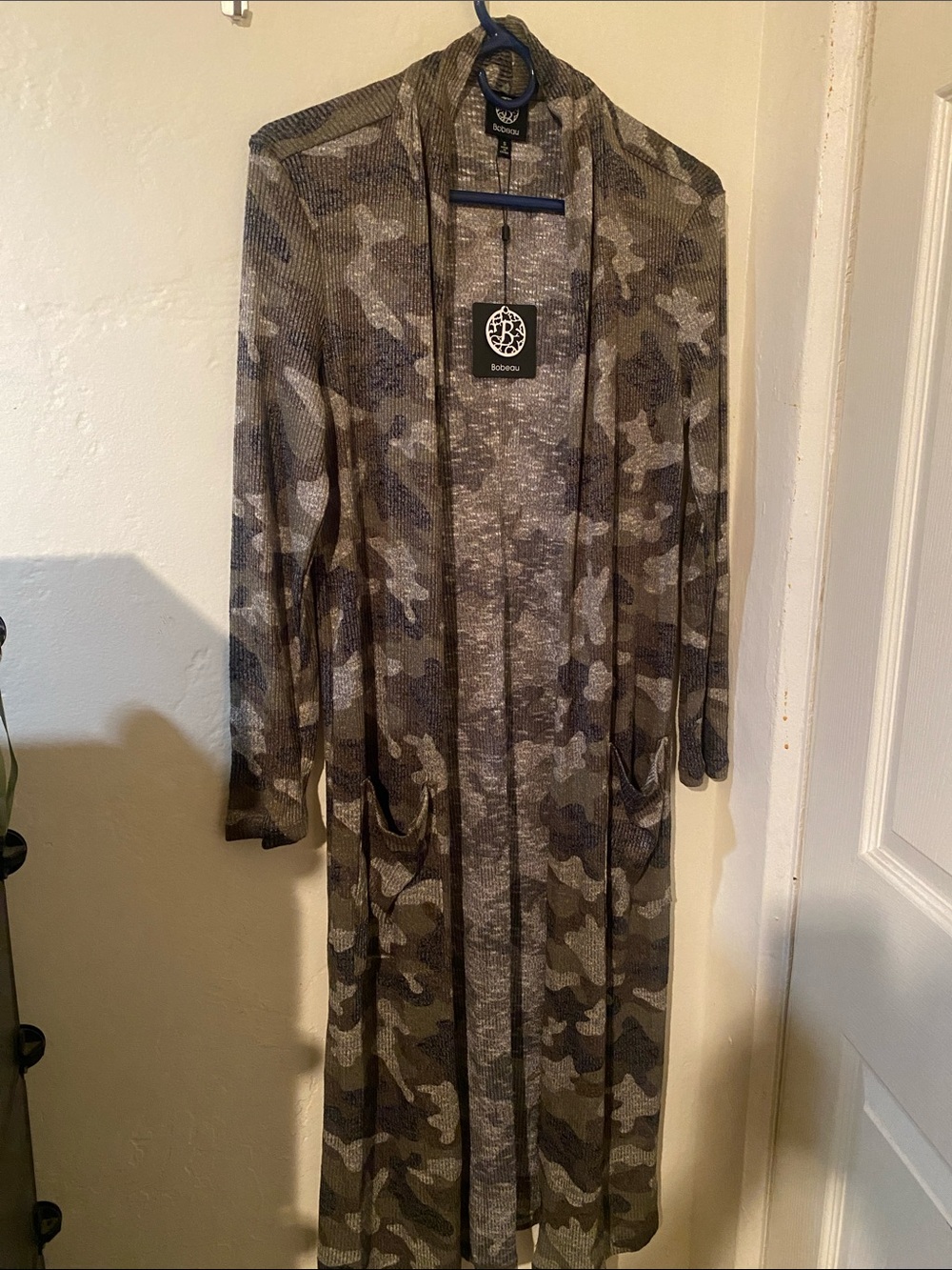bobeau Long Open-Front Camo Cardigan - Olive, Gray